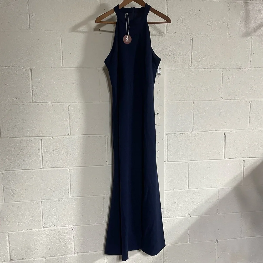 NWT Navy Blue Halter Neck Split Sleeveless Cocktail Long Dress Sz XL - Picture 2 of 6